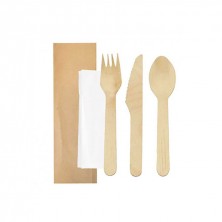 Set Makan Tenedor, Cuchillo, Cuchara y Servilleta 16 cm (Caja 100 Uds)